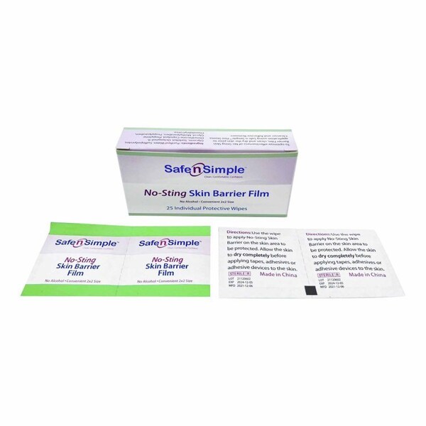 Safe N Simple No-Sting Skin Barrier Wipe 60%, 20% Strength Purified Water, Glycerin, Propylene Glycol Sterile, 2500PK SNS80725 - main